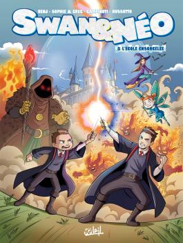 Couverture du Tome 5 des BD Swan et Néo : L’École Ensorcelée de Benj, Sophie et Greg - Editions Soleil